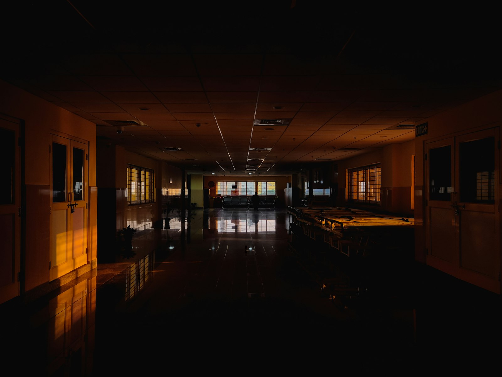 Dimly lit hospital hallway