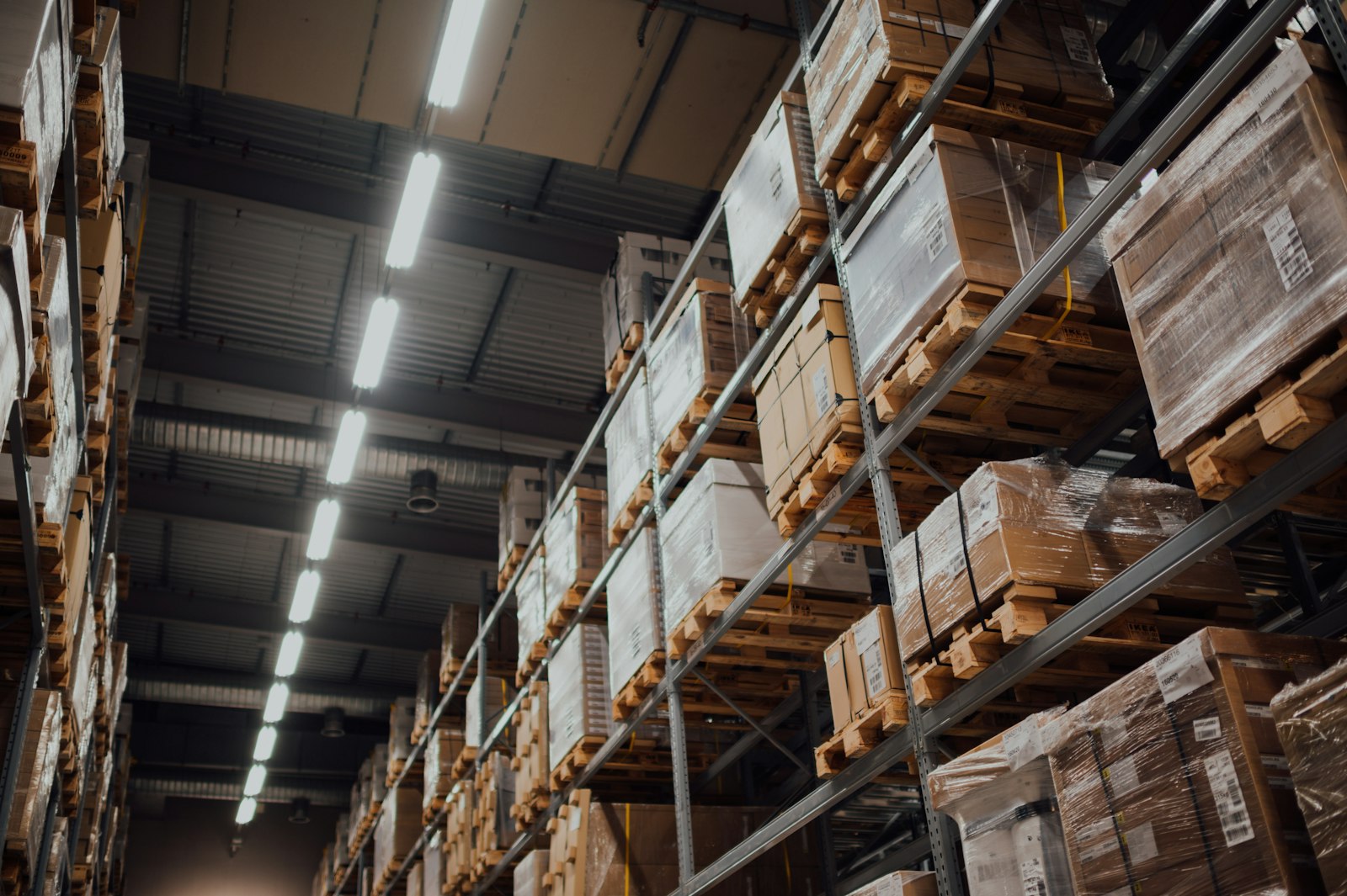 Boxes stored on racks in a distribution warehouse