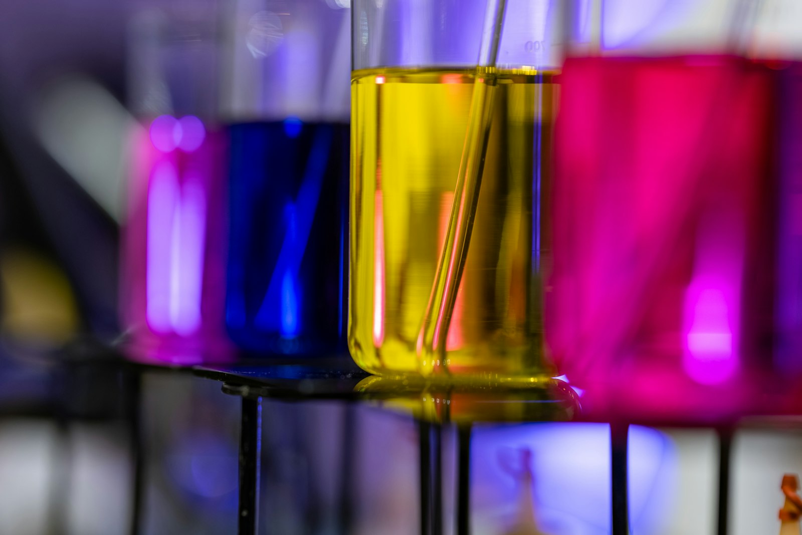 Flasks of coloured chemical solutions